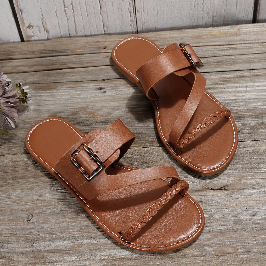 Сандалии с пряжкой на плоской подошве и женские сандалии с леопардовым принтом больших размеров с круглой головкой, тапочки