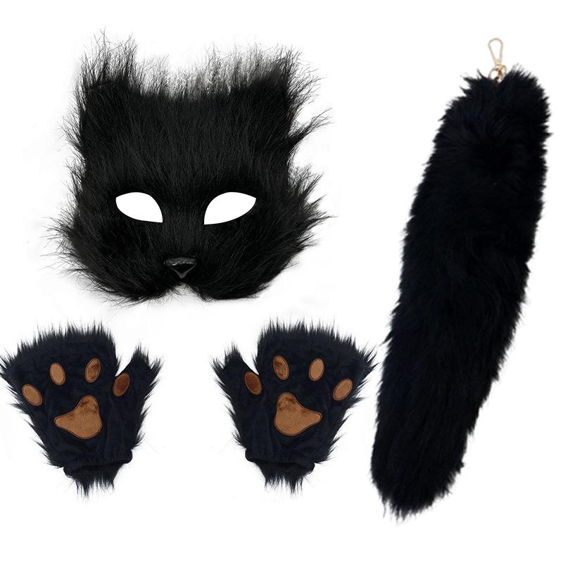 Long Fur Fox Mask Tail Set Masquerade Mask Fox Cat Mask Halloween Mask