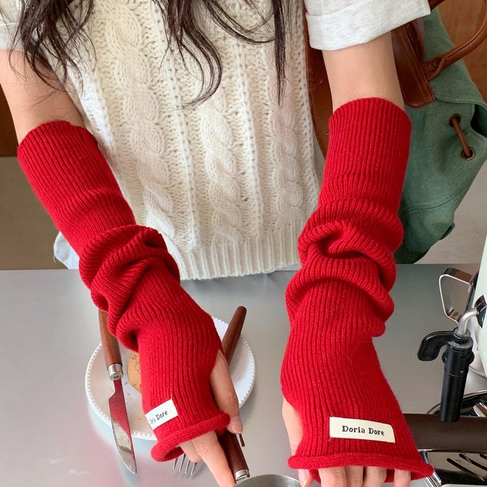 Solid Color Knitted Warm Sleeves Hole Long Fingerless Sleeves Warm Arm Covers  Clothing Accessories