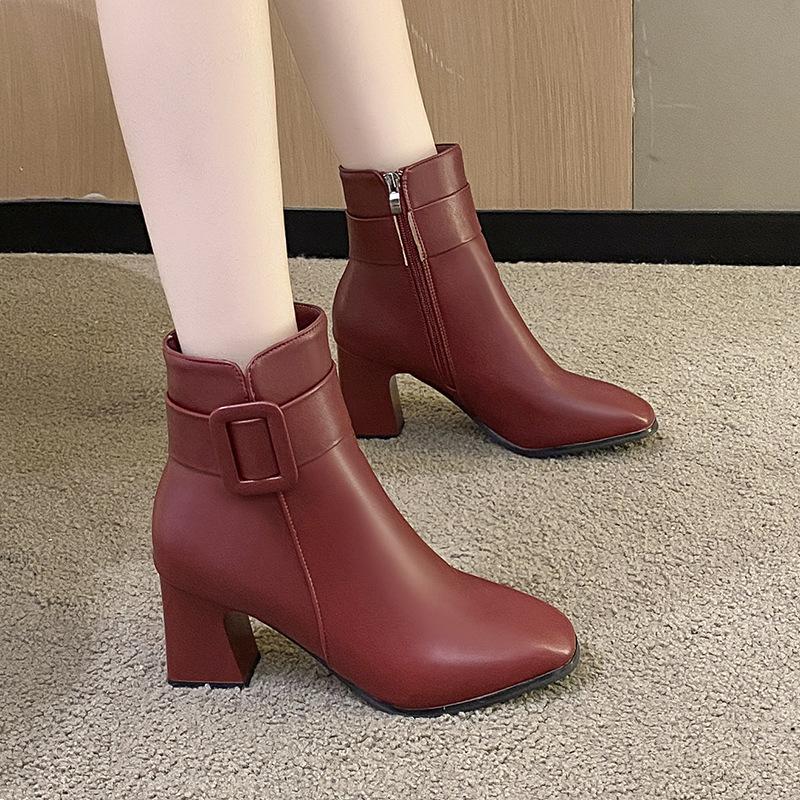 Белые ботильоны для женщин, толстый высокий каблук, круглый носок, элегантные короткие ботильоны, женские туфли-лодочки с пряжкой, Botas Femininas