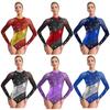 Women's Metallic Dance Leotard - Color Block Mock Neck Long Sleeve with Keyhole Back & Rhinestones for Gymnastics