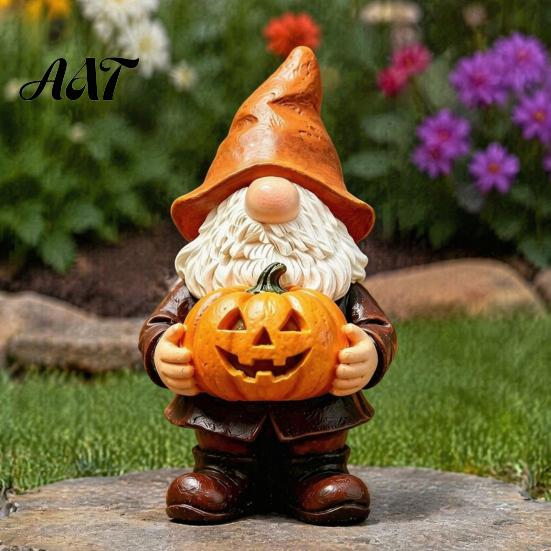 Halloween Gnome Statue Garden Statue, Faceless Holding Pumpkin Sculpture, Decorative for Porch Waterproof Resin Yard Autumn Decor