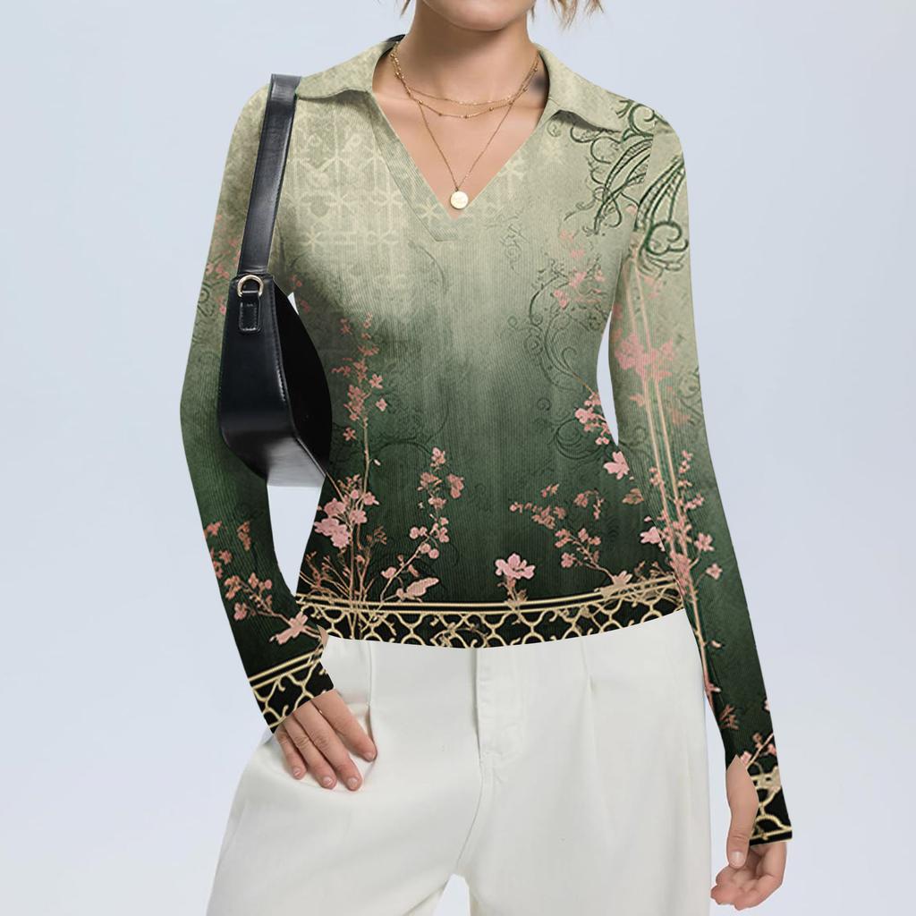 Женская Мода Повседневный Принт V-образный Вырез Длинный Рукав Застежка на Пуговицы Топ