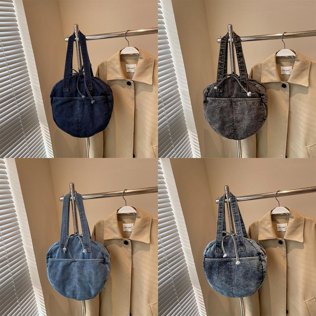 Bow Round Shape Denim Bag For Women Streetwear Fashion Large Capacity Casual Purse