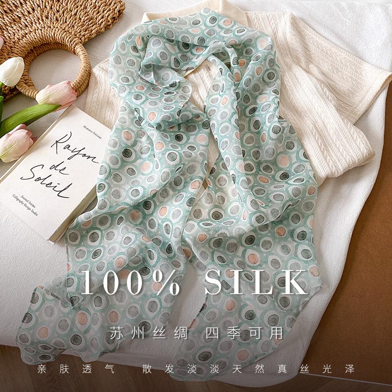 French Hepburn style polka point mulberry silk long silk scarf temperament light luxury thin sunscreen silk chiffon streamer accessories
