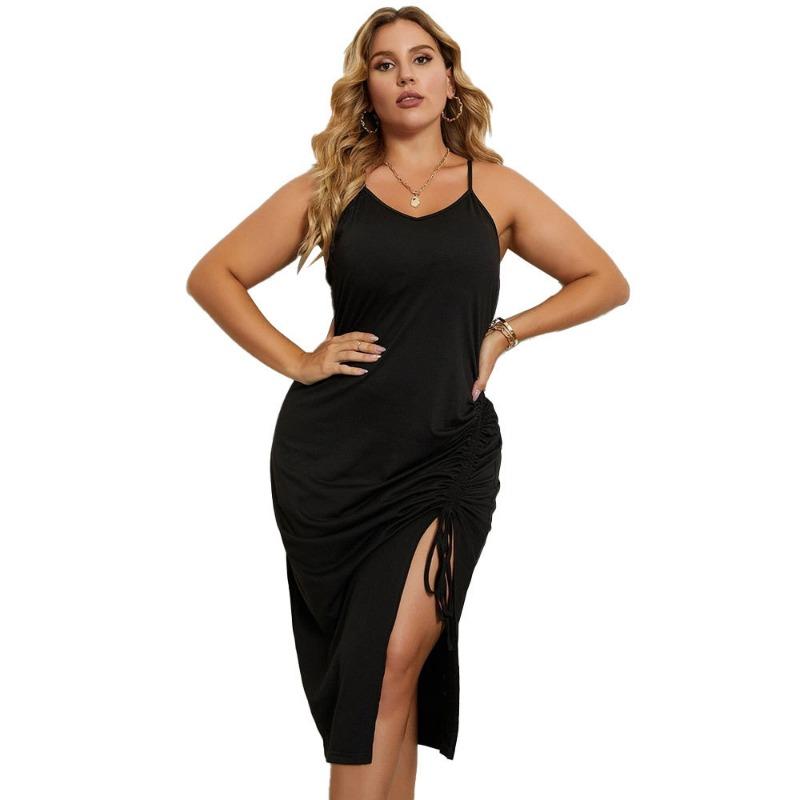 Summer Casual Spaghetti Strap Dresses Solid Color Dress Women's Sleeveless Plus Size Dress Black Dress Drawstring Tight High Waist Dress Beach Dress