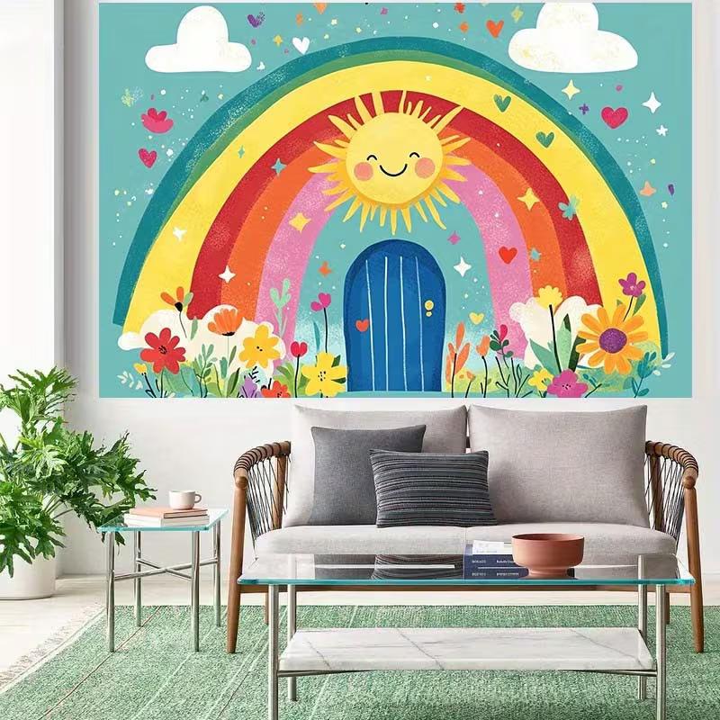 2D Cartoon Rainbow Backdrop, Smiling Sun & Flowers Photography Background for Kids Party