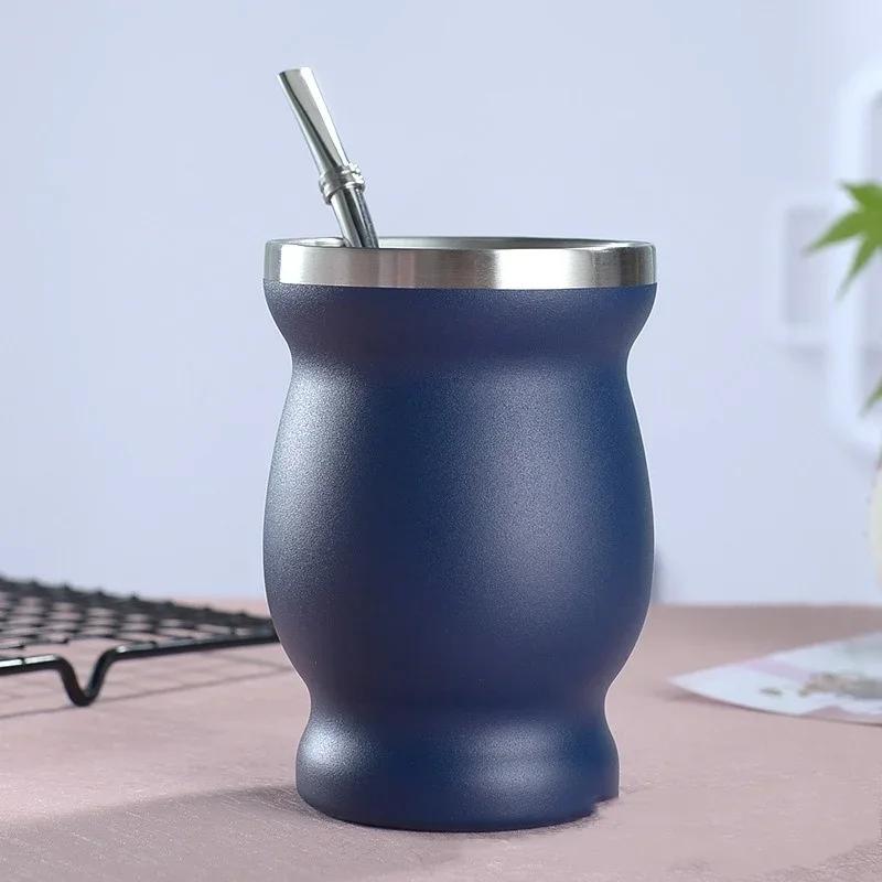 304 Stainless Steel 8Oz Matai Cup Gourd Shaped Tea Cup with Straw Spoon Heat Insulation Water Cup