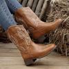 New Style Fashion Retro Western Cowboy Boots Women's Slimming Embroidered Square Headed Thick Heel Mid Length Boot Zapatos Mujer