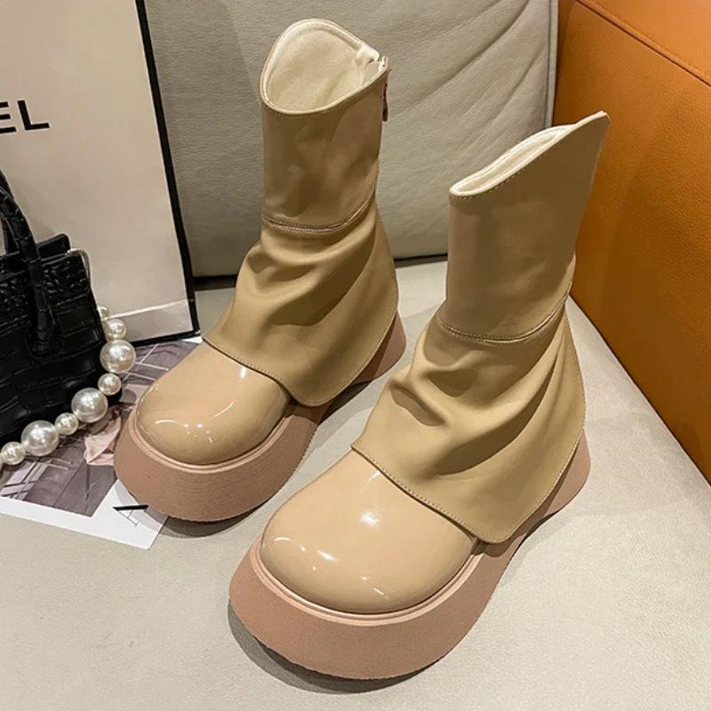 Thick Bottom Women Short Pipe Boots Fashion Back Zipper Platform Shoes New Autumn Winter Waterproof Non-slip Booties Mujer 2024