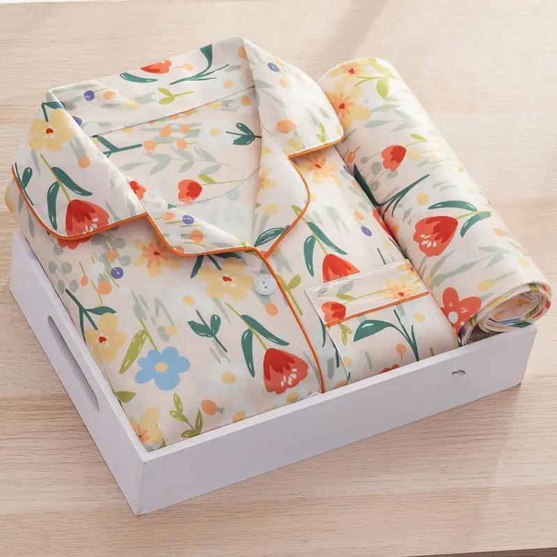 Женский пижамный комплект с принтом, брюки с длинными рукавами, студенческая милая домашняя одежда, двухкомпонентный кардиган с лацканами, модная женская одежда