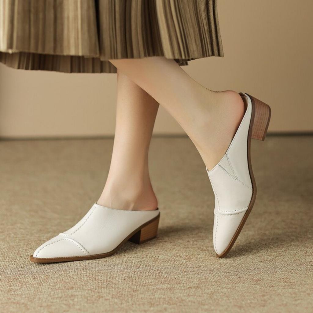 Женские туфли Mouller с острым носком во французском стиле в стиле ретро — элегантные туфли на толстом среднем каблуке, нескользящая резиновая подошва, универсальные повседневные туфли белого цвета на все времена года