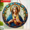 1pc 2d Flat Wood Christian Religion Mary Suncatcher, Translucent Stained Window Hanging, Round Wooden Sign- 20cm Porch, Wall, Home, Room, Cafe Holiday