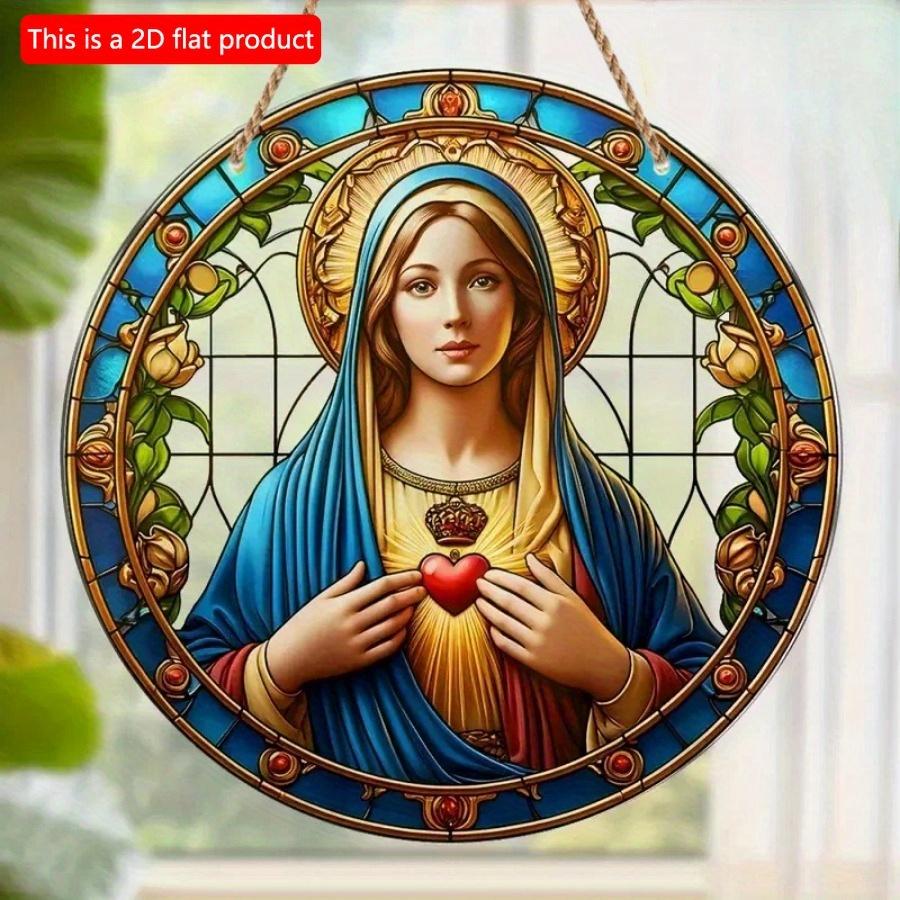 1pc 2d Flat Wood Christian Religion Mary Suncatcher, Translucent Stained Window Hanging, Round Wooden Sign- 20cm Porch, Wall, Home, Room, Cafe Holiday