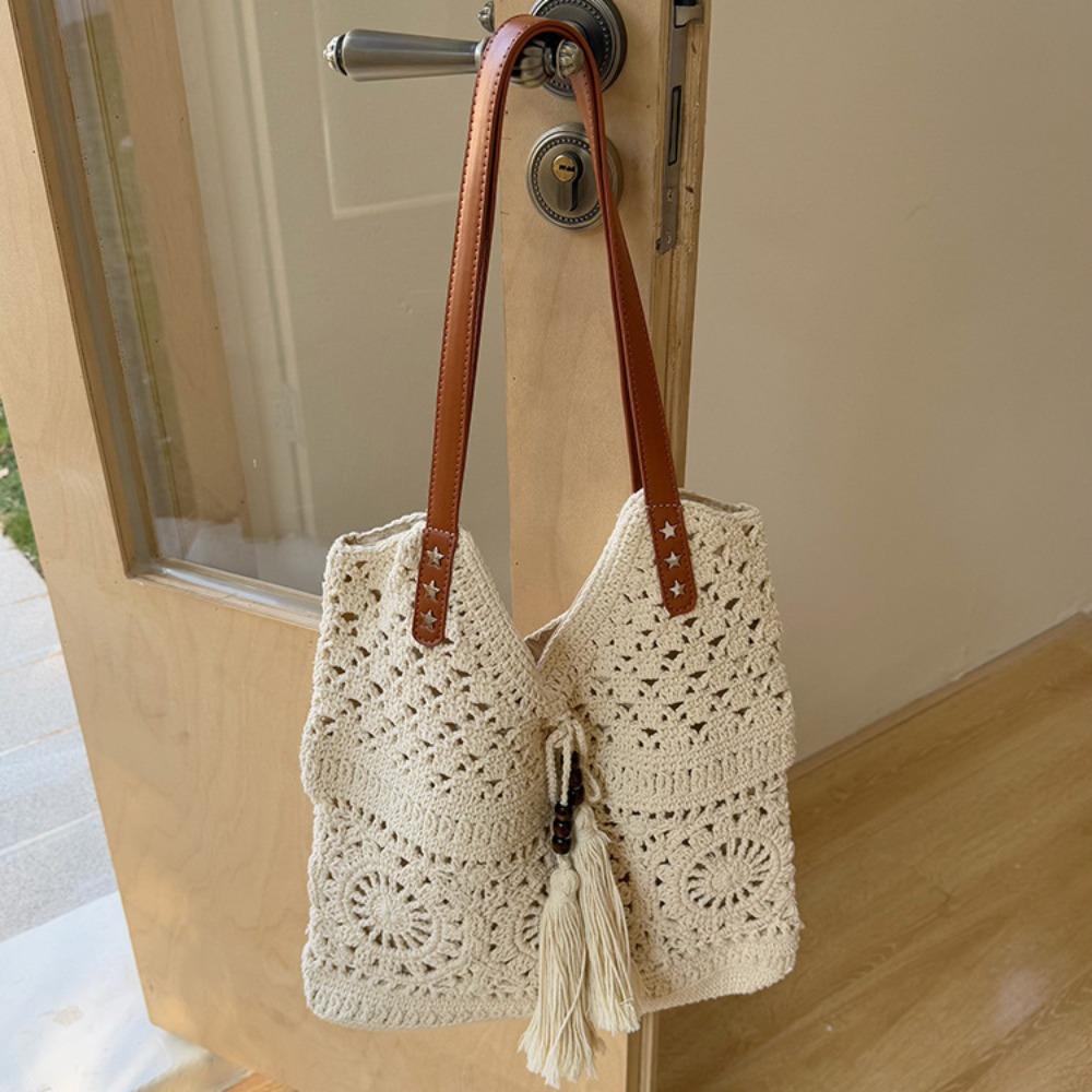 Simple Bohemian Crochet Tote Bag Hollowed Out Ethnic Style Boho Weave Bag Handbag Large Capacity Knitted Bag Picnic