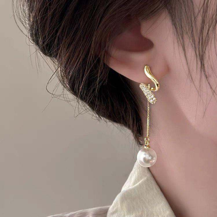 Explosive light luxury diamond-encrusted long tassel linen gray pearl earrings design sense earrings premium ears