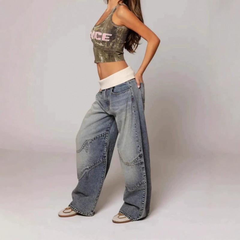 Unisex Relaxed Fit Straight Leg Denim Jeans Water Washed Vintage Blue Cotton Blend Casual Pants