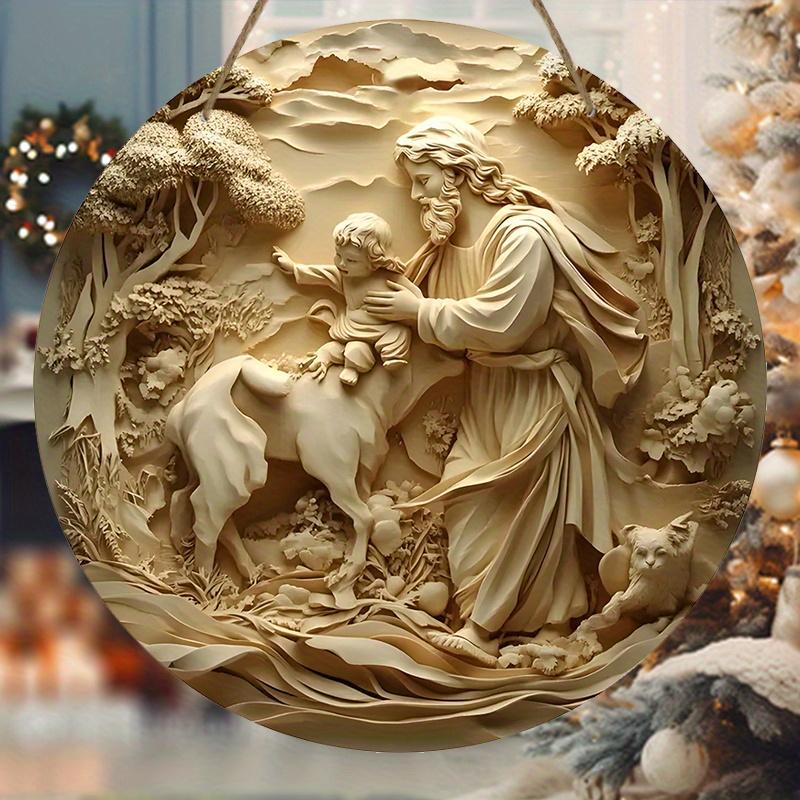1 шт. Деревянная табличка с изображением Рождества Иисуса - эффект рельефа 2D, круглая настенная подвеска для декора церкви и дома, идеальное рождественское украшение, рождественский декор