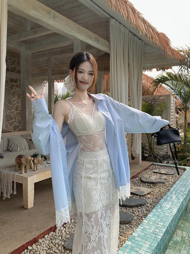 Женская синяя рубашка-жакет с кружевными вставками - корейский дизайн 2025 года, свободный крой, защита от солнца для лета