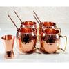 Moscow Mule Cocktail Copper Mugs - Set of 4 Mugs, 4 Copper Straws, and a Peg Measurer (Mules Hammered with Modern Handle)