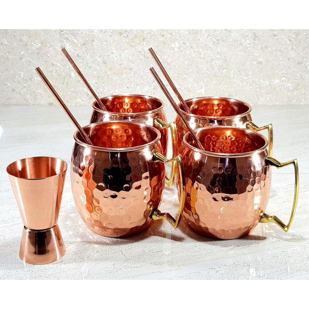Moscow Mule Cocktail Copper Mugs - Set of 4 Mugs, 4 Copper Straws, and a Peg Measurer (Mules Hammered with Modern Handle)