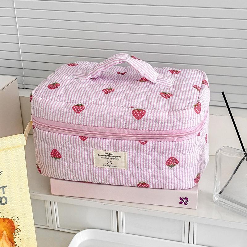Women Cosmetic Bag Cute Zipper Blue Pink Strawberry Travel Organizer Toiletry Makeup Storage Pouch Handbag Ladies Zipper Bag