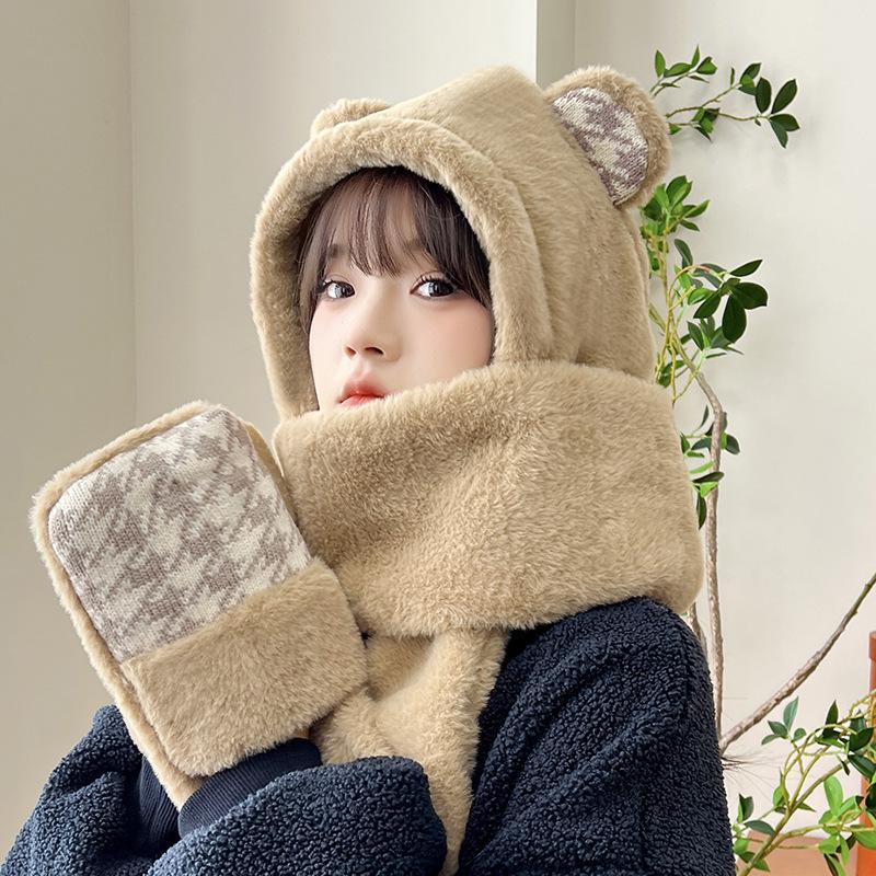 Women's Cozy Fox Ear Plush Hat with Integrated Scarf - Warm, Soft Lei Feng Design for Autumn and Winter. Perfect Ear Protection for Students.