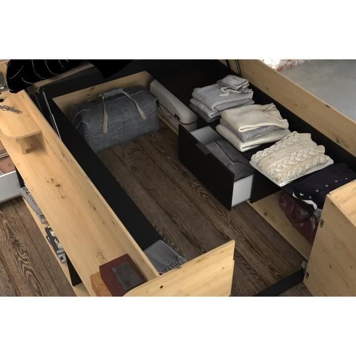 ODYSSEE Кровать-бокс для взрослых - 140x190/200 см - С подъемным ящиком для хранения - Декор дуб и черный - 166,2 x 66,5 x 205,8 см