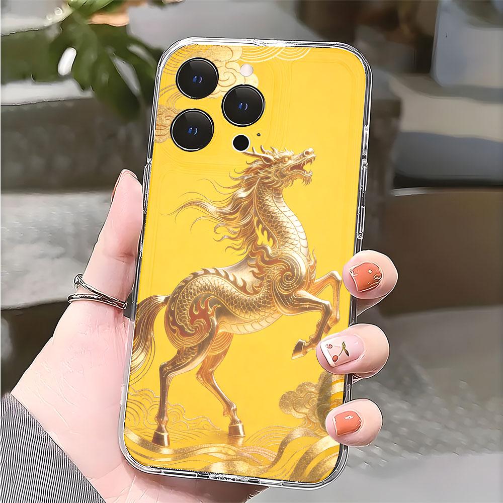 Golden Kirin on Yellow Background Phone Case for IPhone 14 15 16 17 13 12 11 Pro Max Plus 12 13 Mini TPU Protect Cover