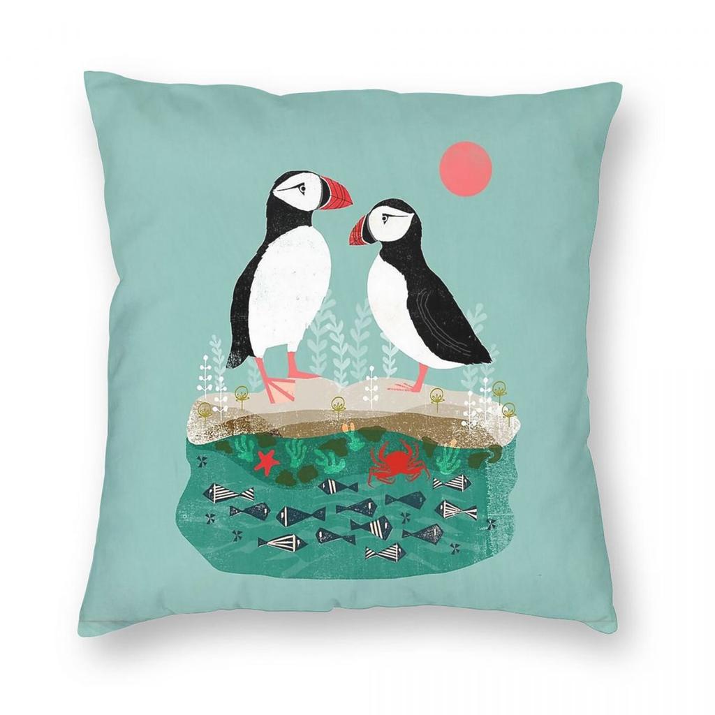 Puffins Pair Ocean Sea Life Square Pillowcase Polyester Linen Velvet Pattern Zip Decorative Sofa Cushion Cover