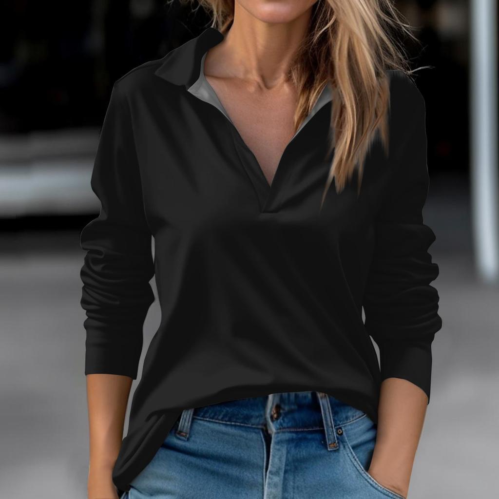 Women's Autumn And Winter Tops V-Neck Solid Color Casual Fashion Top T-Shirt