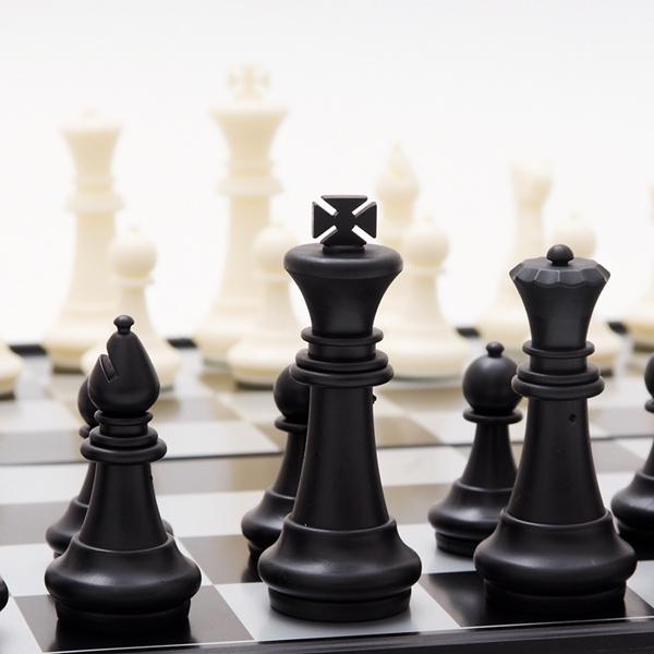 Portable 2-in-1 Chess & Checkers Set with Folding Magnetic Board - Size Medium (Black & White)