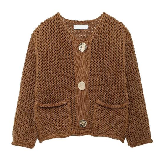 Женский свитер с круглым вырезом, длинный рукав, однобортный трикотажный свитер с карманами, однотонный кардиган