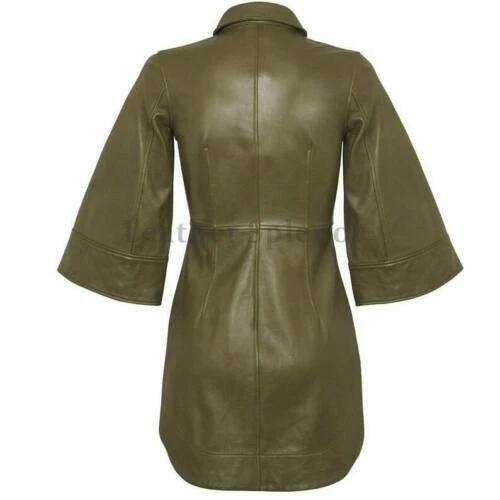 Повседневное Стильное Вечернее Женское Платье из Натуральной Овчины Зеленого Цвета Ручной Работы