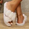 Home Fuzzy Cross Strap Slipper Women Winter Warm Fur Plush Indoor Lazy Female Thermal Furry House Shoe Flat Flip Flop Black