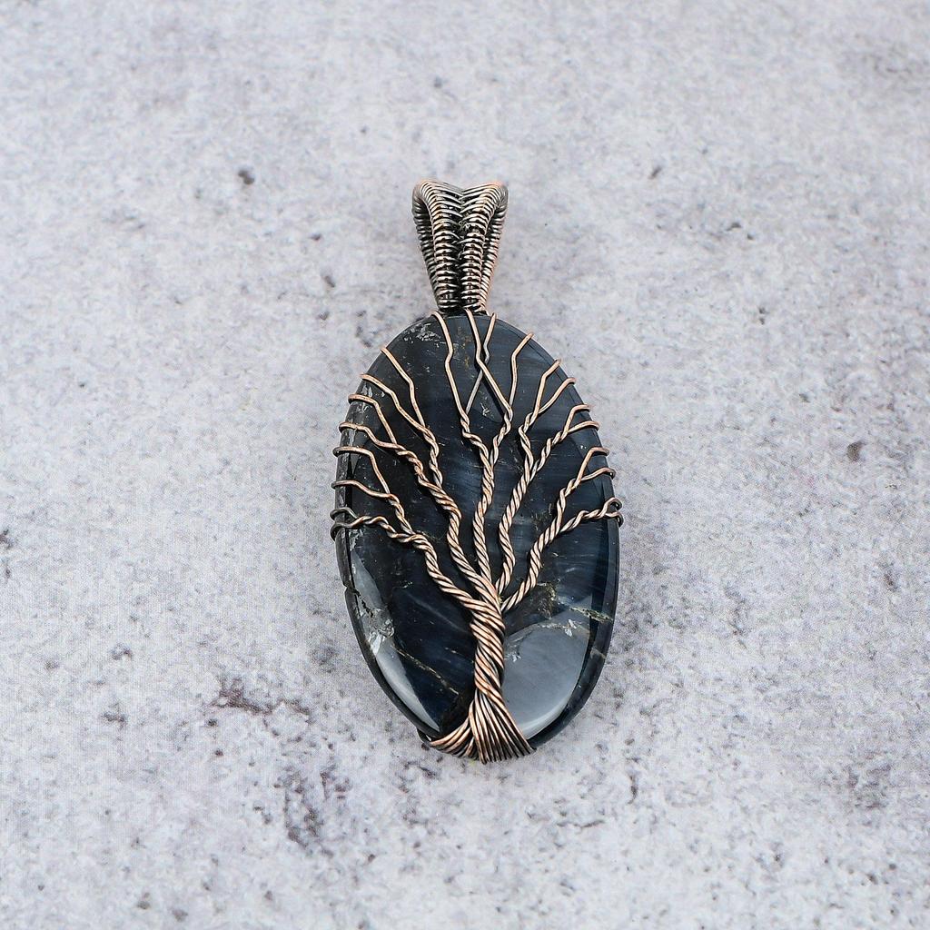 Tree Of Life Blue Tiger's Eye 999 Copper Wire Wrapped Jewelry, Handmade Beauteous Gemstone Jewelry Pendant For Women