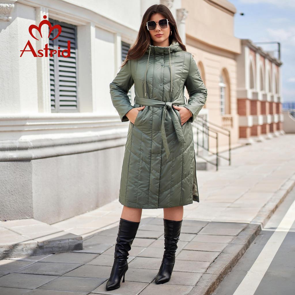 Astrid Женская парка осень-зима больших размеров, женская одежда, длинная, с подкладкой, теплый капюшон, женская стеганая куртка, пальто, пояс, разрез, низ AM-10642
