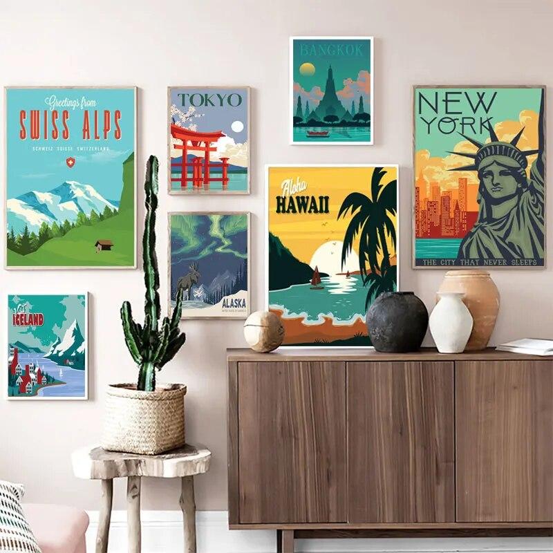 Travel City Vintage Poster Metal Tin Signs New York Paris Tokyo Landscape Retro Plaque Metal Plate Wall Art Decor for Bar Home