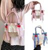 Cute Bowknot Woven Straw Handbag Beach Ruffle Lace Pearl Chain Crossbody Bag