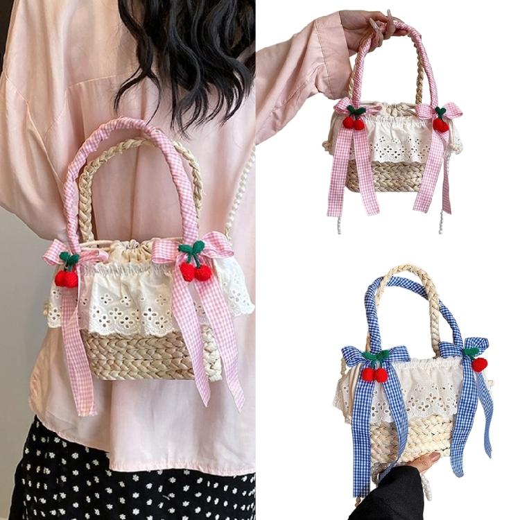 Cute Bowknot Woven Straw Handbag Beach Ruffle Lace Pearl Chain Crossbody Bag