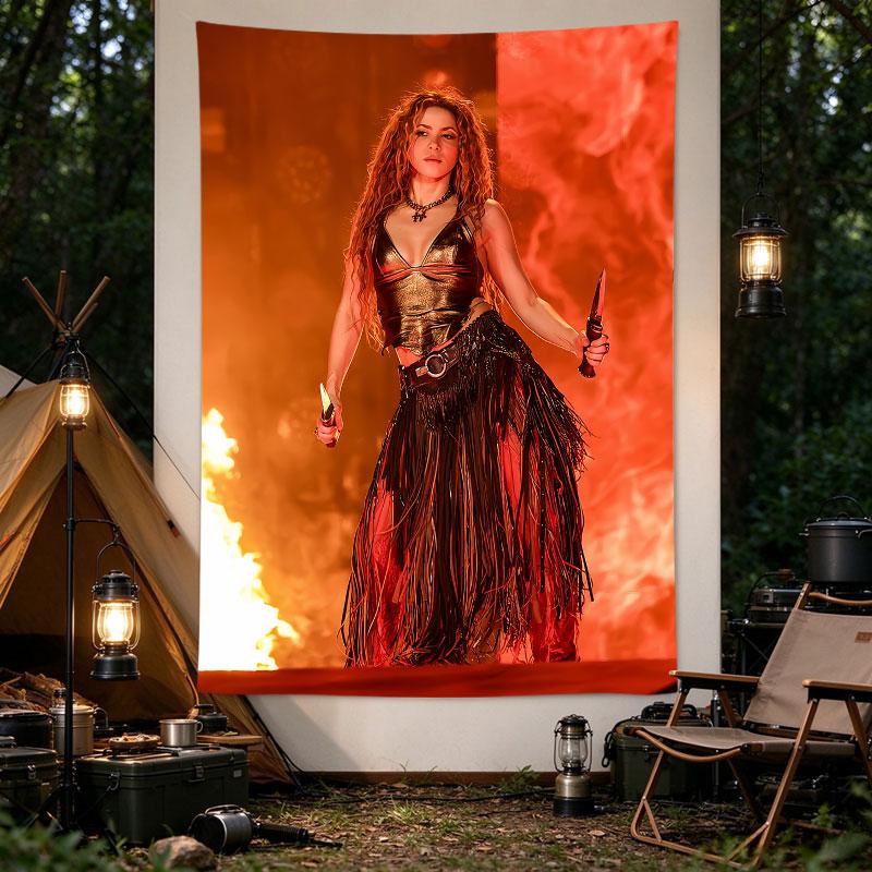 Shakira Live Stage Photo Gold Fringe Outfit Knives Fire Red Concert Art