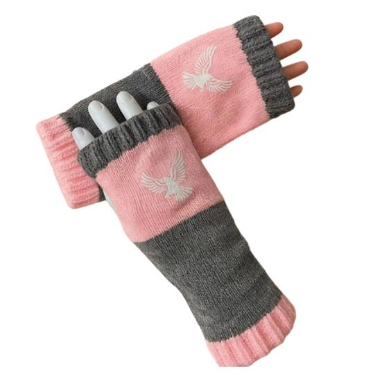 Вязаные женские перчатки без пальцев Теплые перчатки с милой вышивкой Контрастные по цвету Дышащие вязаные перчатки для сенсорного экрана, печати, письма