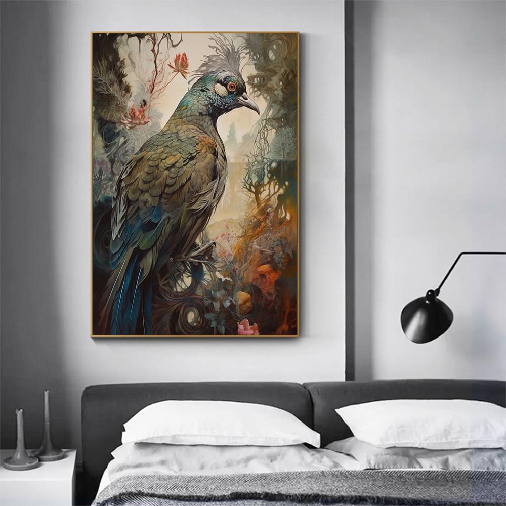 Попугай, ворона и птицы на цветочном фоне, холст, картина, настенное искусство, постеры, принты для гостиной, украшение для дома с животными, без рамки