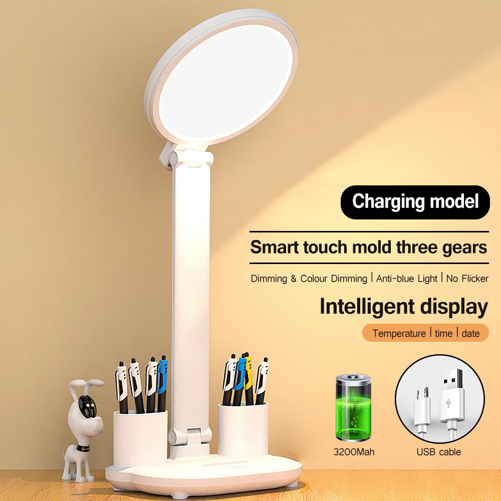 LED Clock Table Lamp USB Chargeable Dimmable Desk Lamp Plug-in LED Fan Light Foldable Eye Protection Reading Night Light