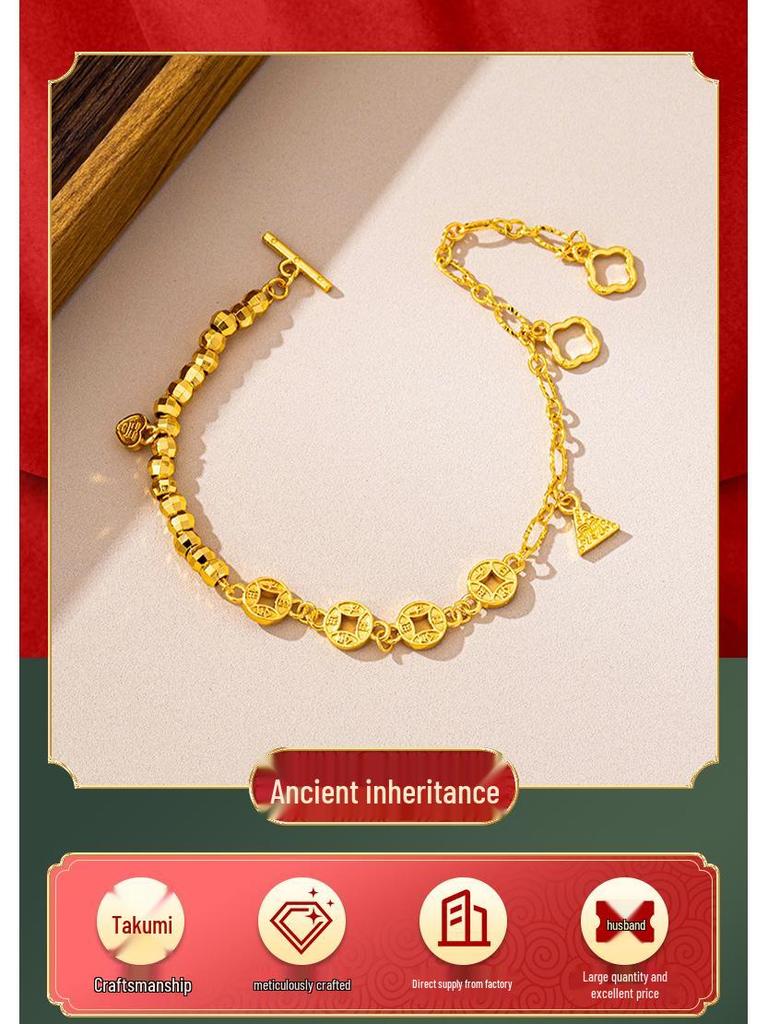 Стильный браслет с древними монетами для женщин – Ретро вьетнамское песочное золото с блестящими бусинами и долговечным сохранением цвета.