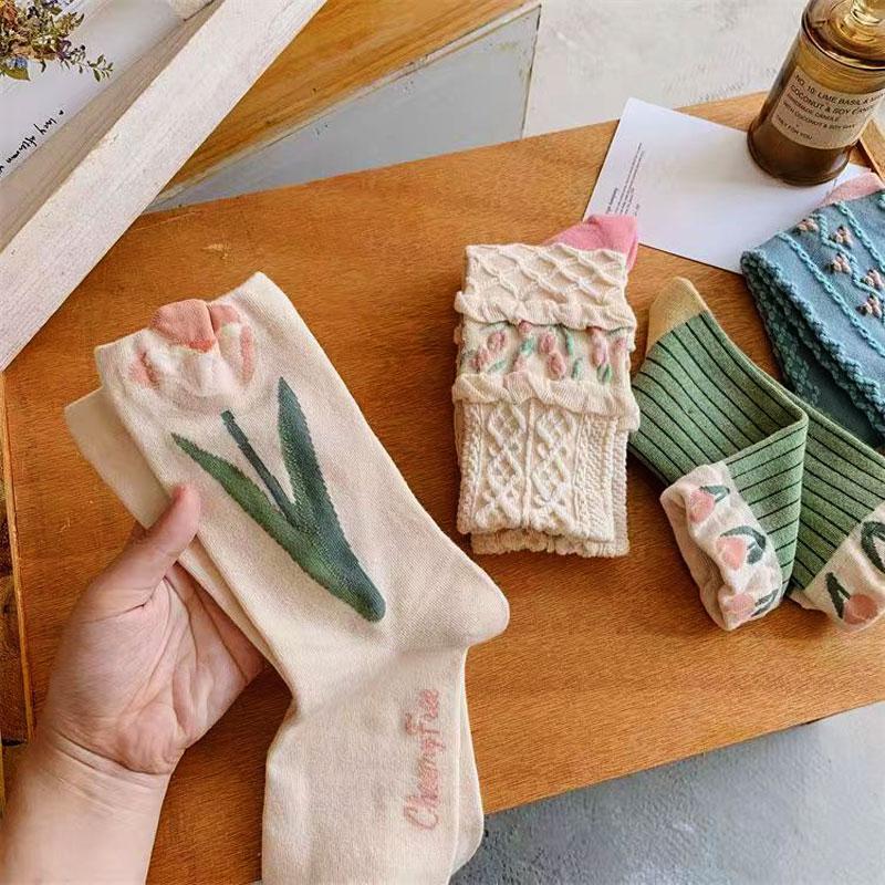 Y2k Kawaii Lolita Socks Cotton Cute Flower Socks Women Winter Sweet Tube Socks For Girls