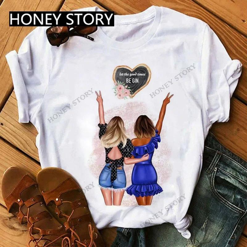 Summer Fashion Best Friends T-Shirt Short Sleeve Graphic Tees for Ladies Good Friend Bestie Sister Outfit Polyester Fabric