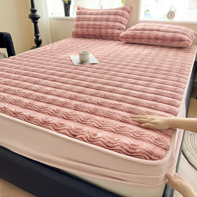 2025 Сверхтолстое плюшевое постельное белье с подкладкой из кроличьего меха для зимы - Односпальная простыня-пододеяльник и чехол на матрас из молочного велюра