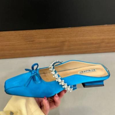 Модные новые тапочки Весна Новые квадратный носок мелкий вырез фланелевые бантик хрустальная линия с мягкой подошвой нескользящие туфли на низком каблуке