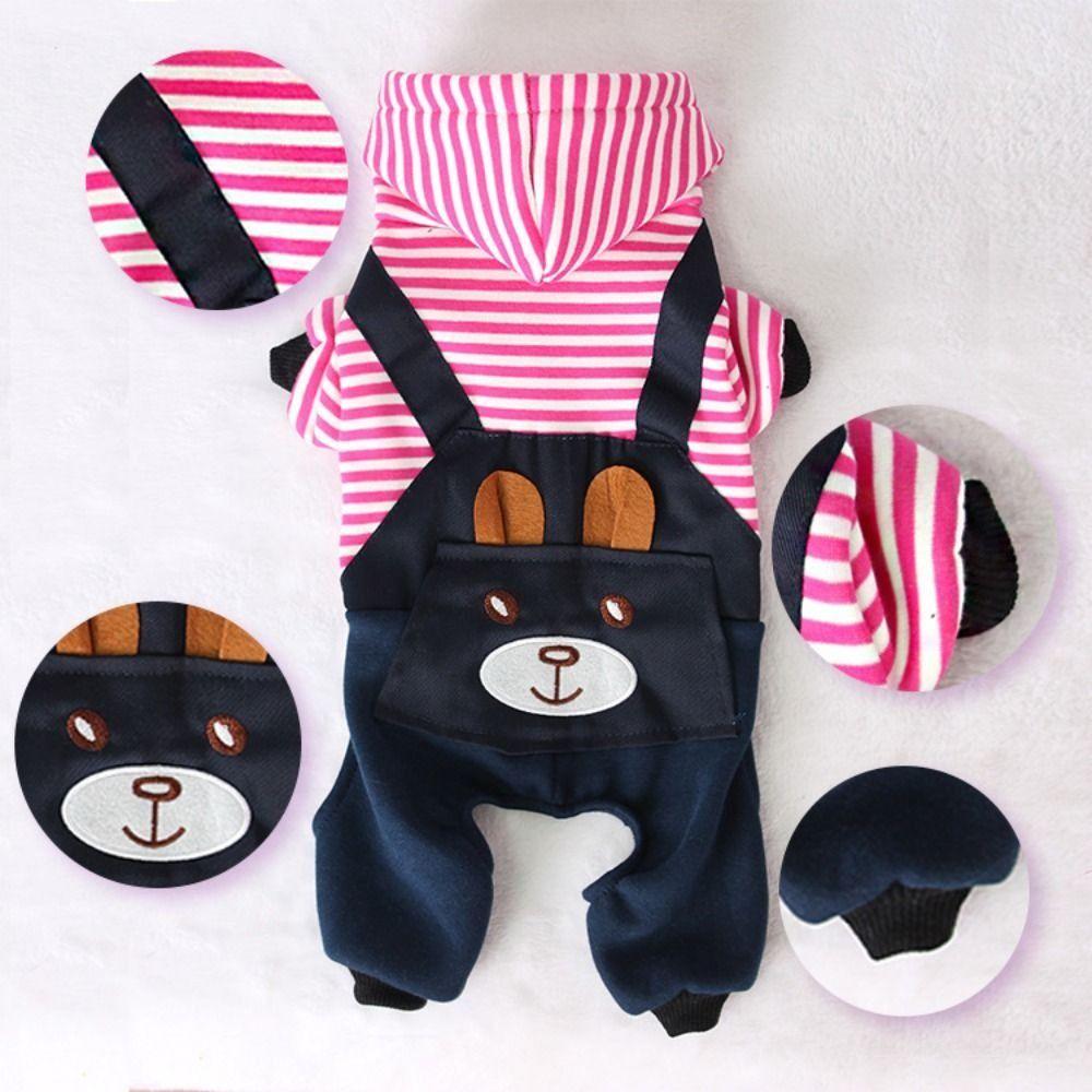 Casual Cartoon Bear Printed Puppy Cat Clothing Warm Jumpsuit Dog Pullover Hoodie Striped Soft Cat Sweatshirt Small Dogs